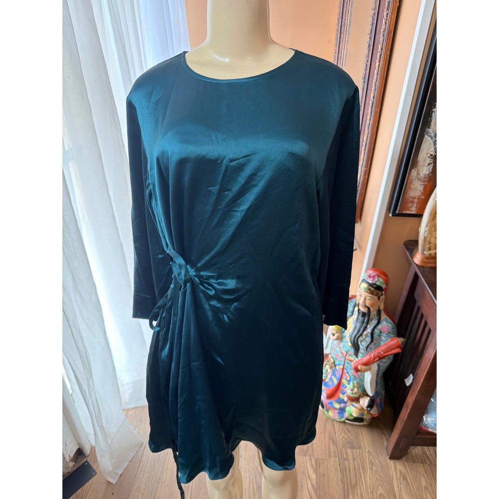 Banana Republic Emerald Green Satin Side Tie Mini Dress Long Sleeve Womens Med